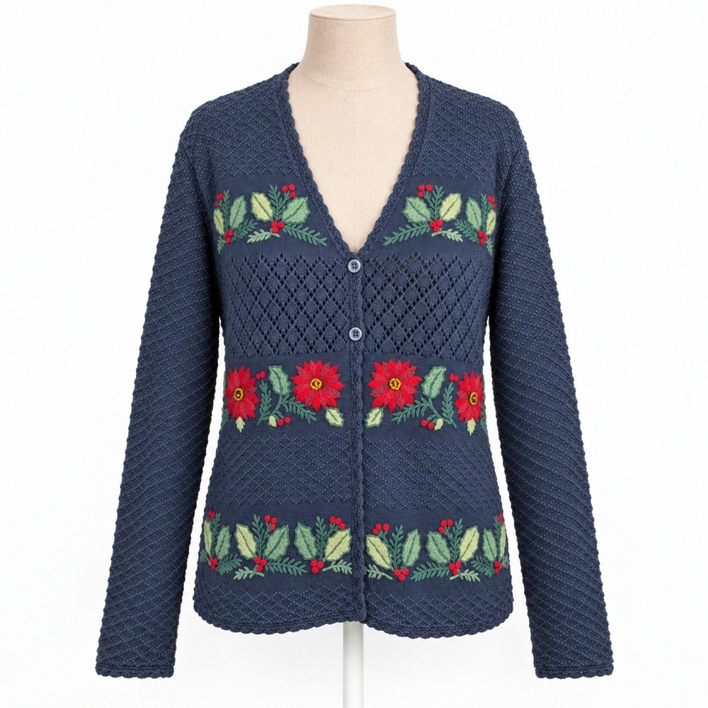 Vintage Y2K Floral Embroiderd Holiday Button Cardigan Sz M Poinsettias Christmas